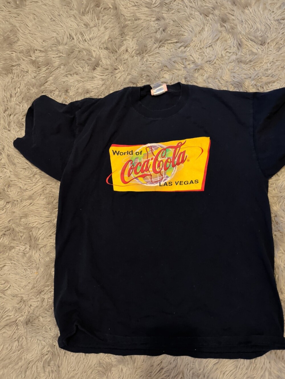 Vintage 90s Coca Cola Navy Mens Tee with Yellow & Red Las Vegas Graphic